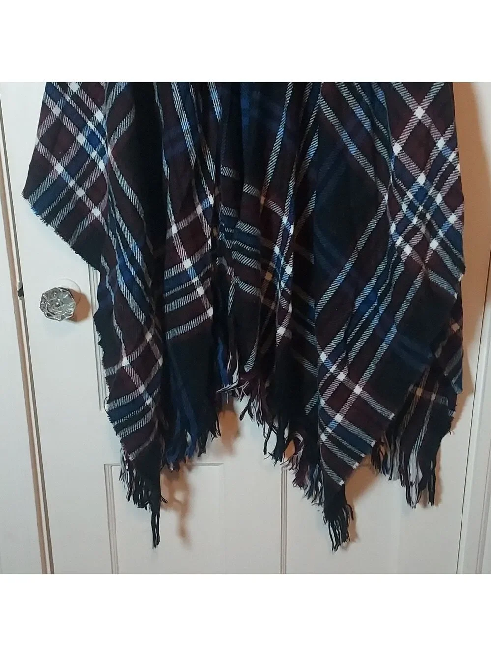LOFT Outlet Black Blue Checkered Fringe Poncho One Size